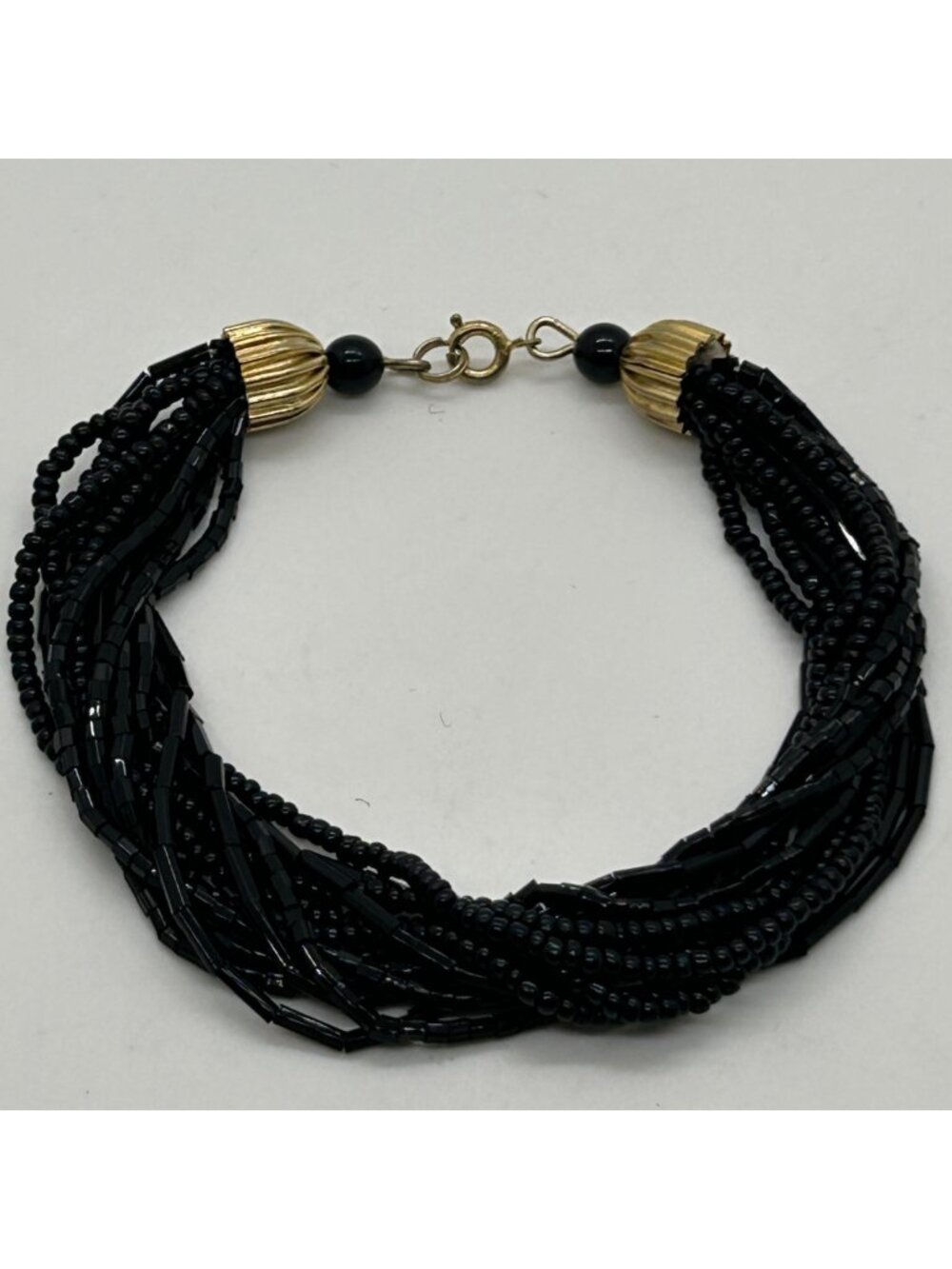 Vintage Multi-Strand Bracelet Black Bead Necklace Gold-Tone Chunky Statement